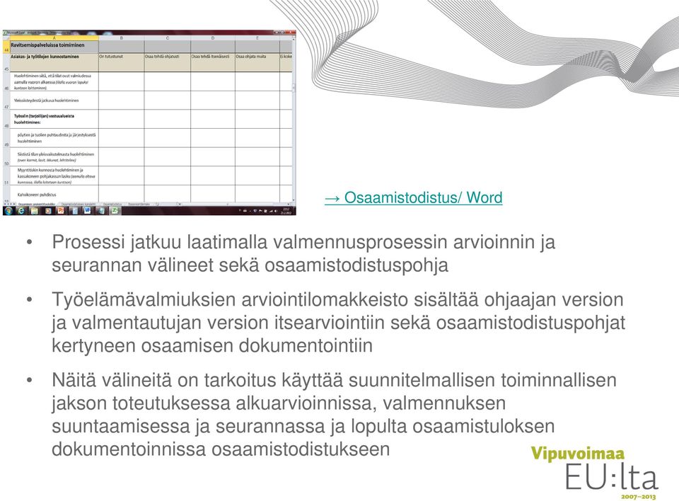 osaamistodistuspohjat kertyneen osaamisen dokumentointiin Näitä välineitä on tarkoitus käyttää suunnitelmallisen toiminnallisen