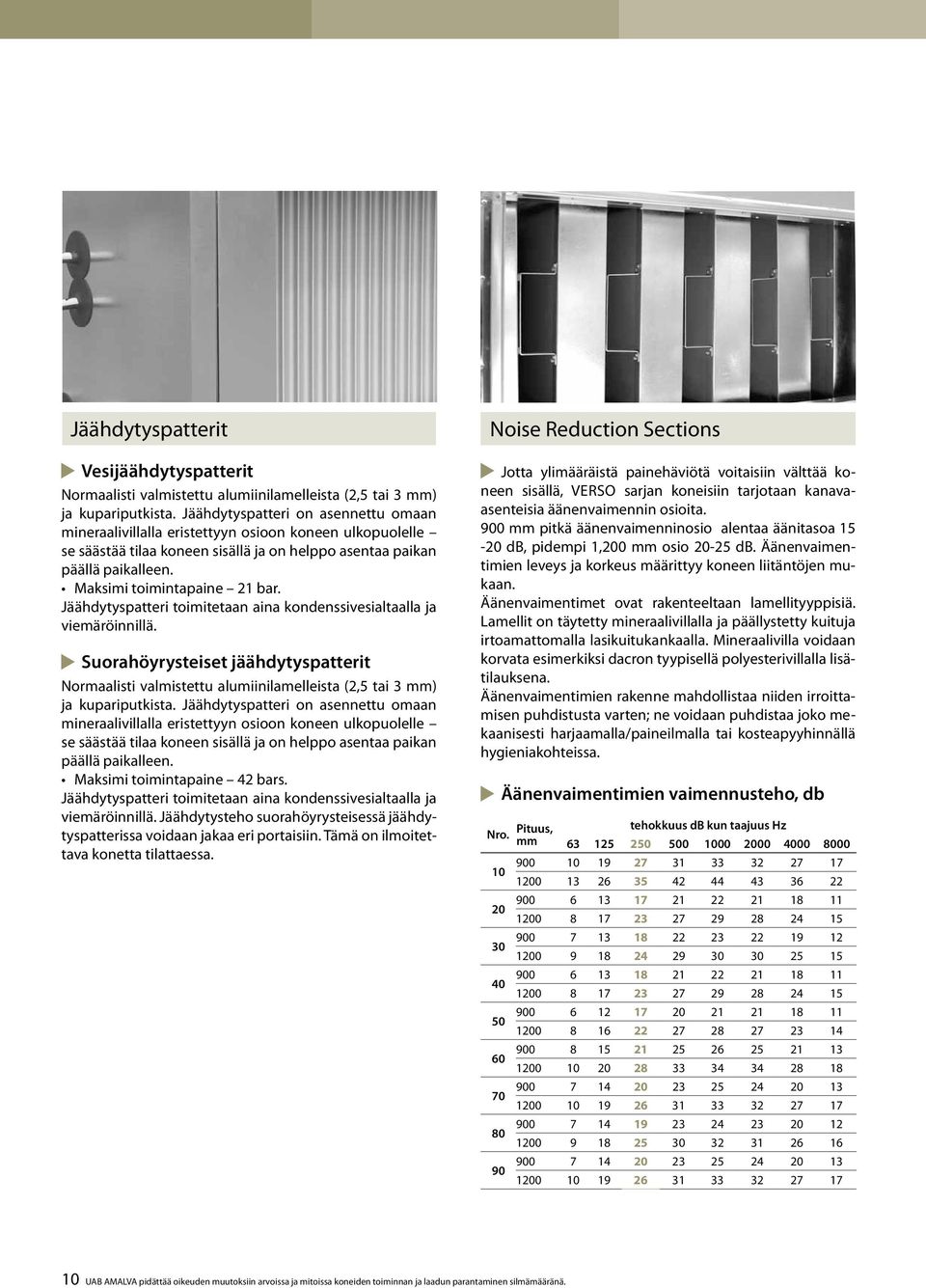 Maksimi toimintapaine 21 bar. Jäähdytyspatteri toimitetaan aina kondenssivesialtaalla ja viemäröinnillä.