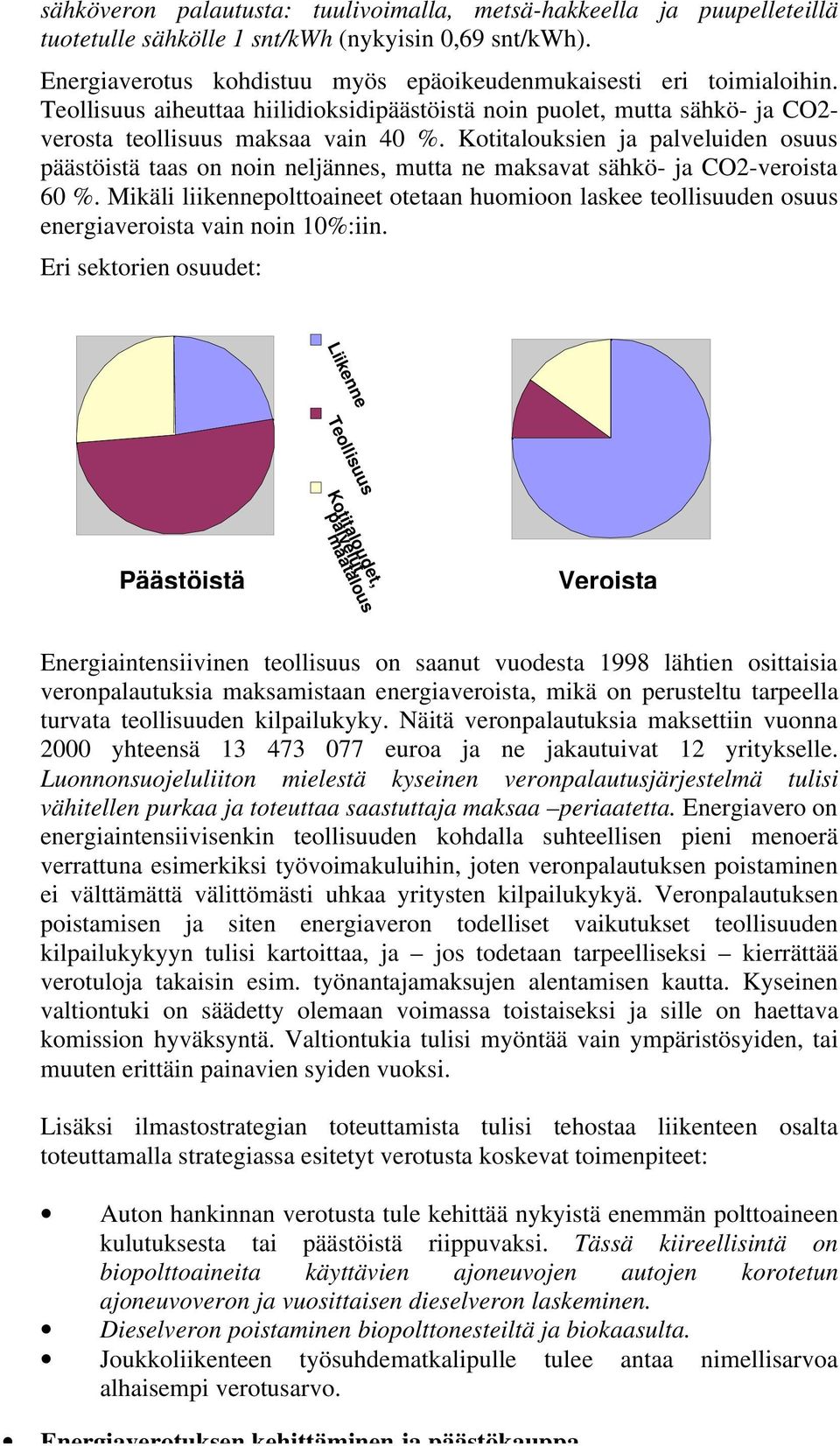 Kotitalouksien ja palveluiden osuus päästöistä taas on noin neljännes, mutta ne maksavat sähkö- ja CO2-veroista 60 %.