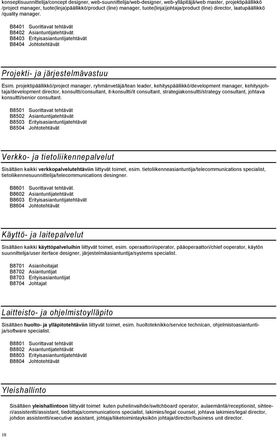 projektipäällikkö/project manager, ryhmänvetäjä/tean leader, kehityspäällikkö/development manager, kehitysjohtaja/development director, konsultti/consultant, it-konsultti/it consultant,