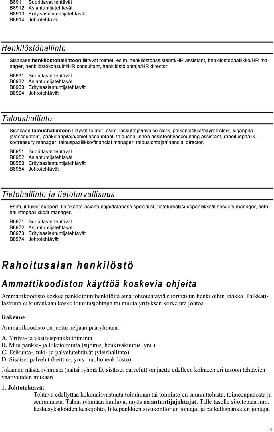 B8931 Suorittavat tehtävät B8932 ehtävät B8933 ehtävät B8994 Johtotehtävät Taloushallinto Sisältäen taloushallintoon liittyvät toimet, esim.