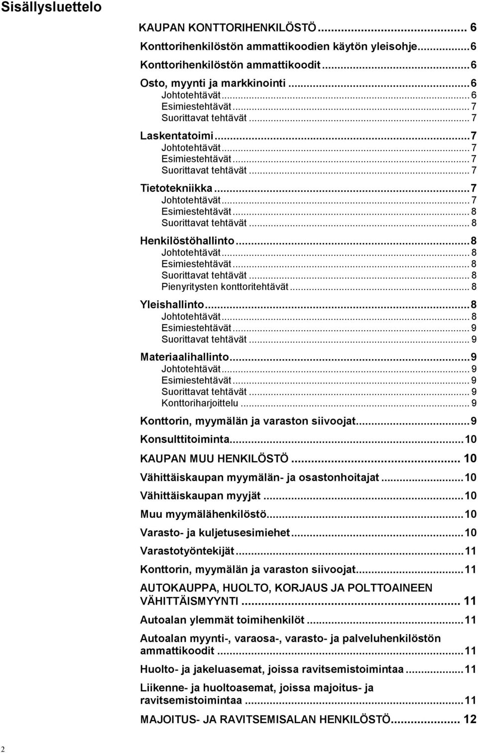 .. 8 Henkilöstöhallinto...8 Johtotehtävät... 8 Esimiestehtävät... 8 Suorittavat tehtävät... 8 Pienyritysten konttoritehtävät... 8 Yleishallinto...8 Johtotehtävät... 8 Esimiestehtävät... 9 Suorittavat tehtävät.