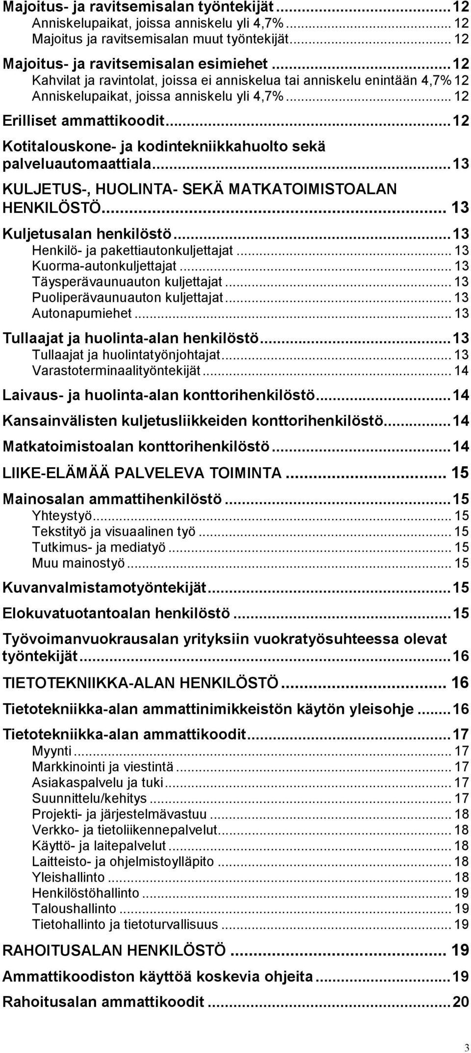 ..12 Kotitalouskone- ja kodintekniikkahuolto sekä palveluautomaattiala...13 KULJETUS-, HUOLINTA- SEKÄ MATKATOIMISTOALAN HENKILÖSTÖ... 13 Kuljetusalan henkilöstö...13 Henkilö- ja pakettiautonkuljettajat.