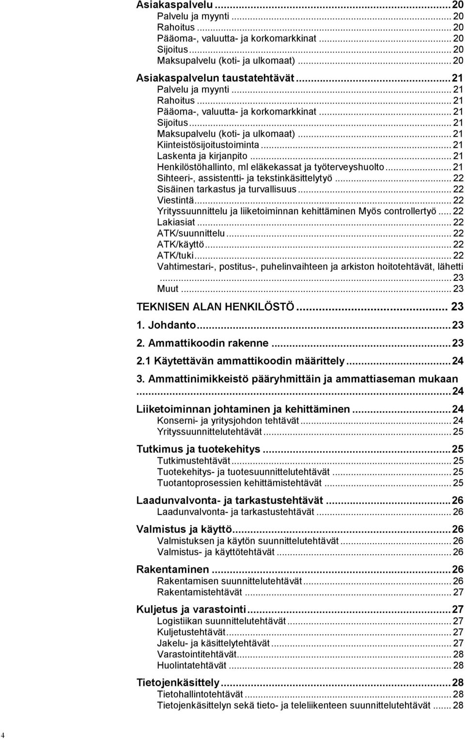 .. 21 Henkilöstöhallinto, ml eläkekassat ja työterveyshuolto... 21 Sihteeri-, assistentti- ja tekstinkäsittelytyö... 22 Sisäinen tarkastus ja turvallisuus... 22 Viestintä.