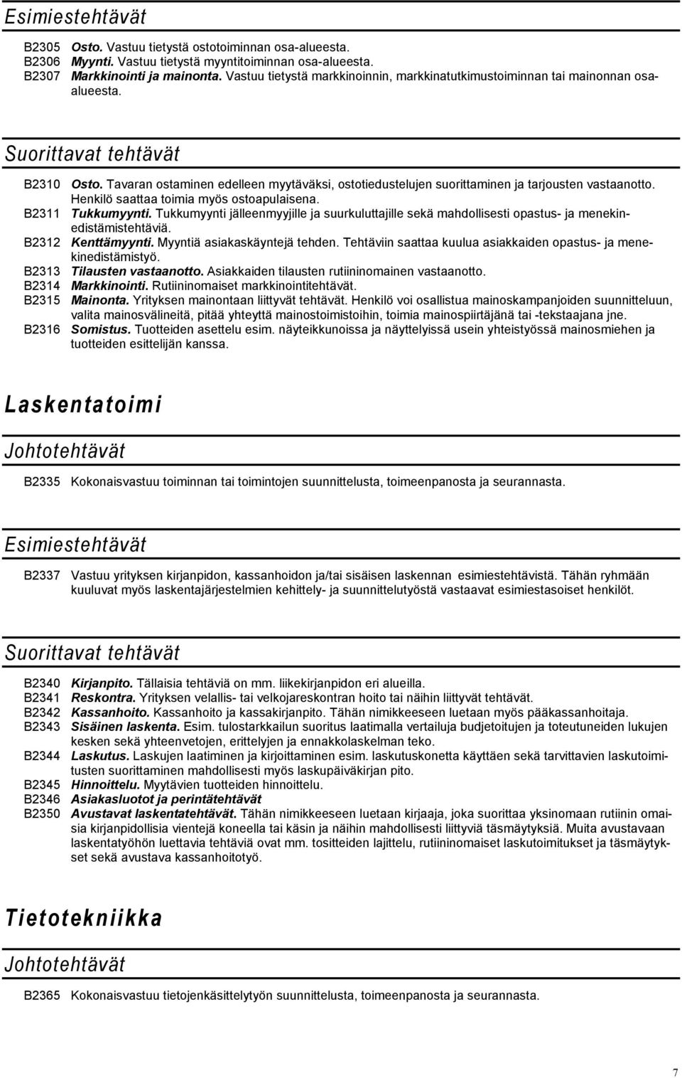 Tavaran ostaminen edelleen myytäväksi, ostotiedustelujen suorittaminen ja tarjousten vastaanotto. Henkilö saattaa toimia myös ostoapulaisena. B2311 Tukkumyynti.