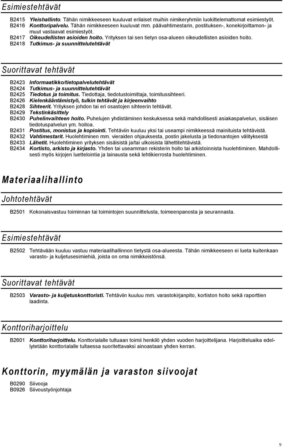 B2418 Tutkimus- ja suunnittelutehtävät Suorittavat tehtävät B2423 Informaatikko/tietopalvelutehtävät B2424 Tutkimus- ja suunnittelutehtävät B2425 Tiedotus ja toimitus.