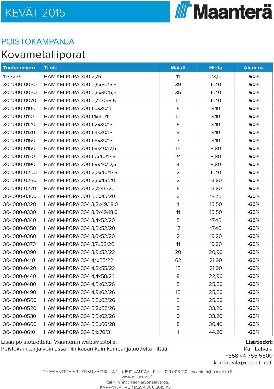 KM-PORA 300 1,2x30/13 5 8,10-60% 30-1000-0130 HAM KM-PORA 300 1,3x30/13 8 8,10-60% 30-1000-0150 HAM KM-PORA 300 1,5x30/13 7 8,10-60% 30-1000-0160 HAM KM-PORA 300 1,6x40/17,5 15 8,80-60% 30-1000-0170