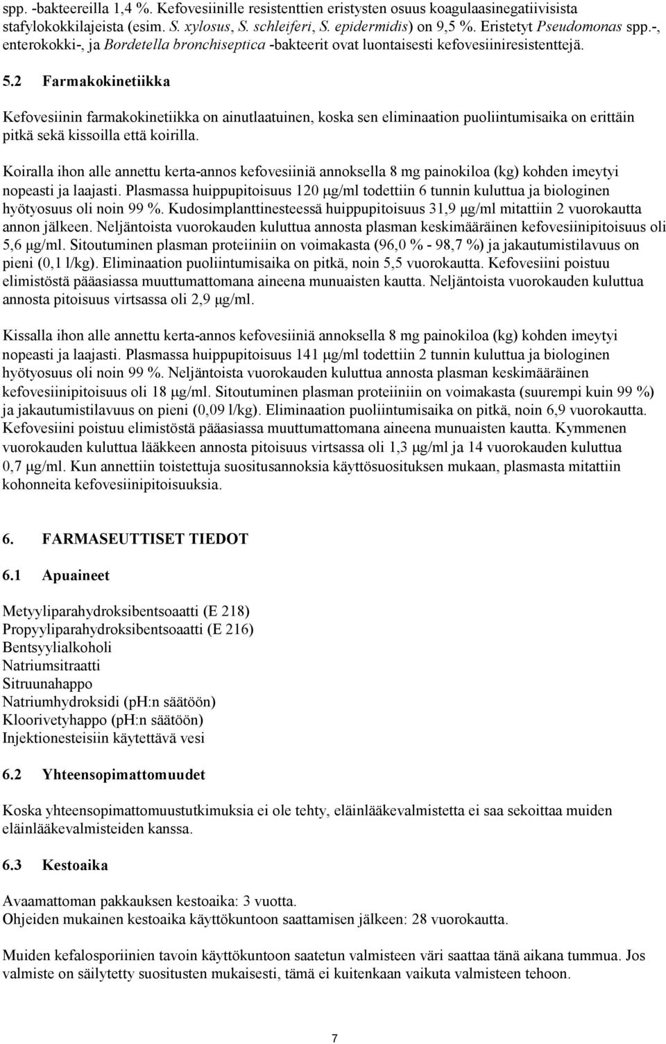 2 Farmakokinetiikka Kefovesiinin farmakokinetiikka on ainutlaatuinen, koska sen eliminaation puoliintumisaika on erittäin pitkä sekä kissoilla että koirilla.