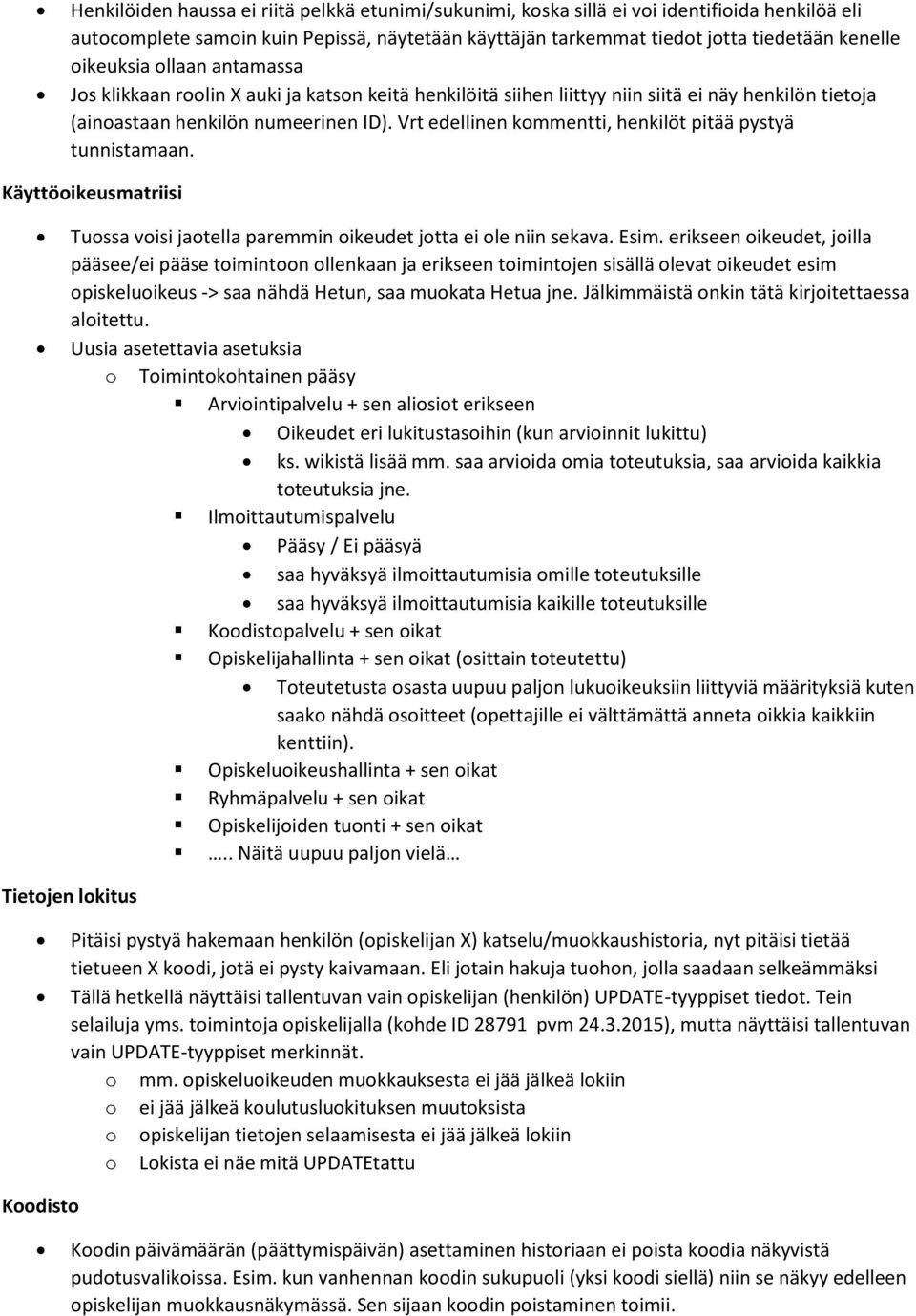 Vrt edellinen kommentti, henkilöt pitää pystyä tunnistamaan. Käyttöoikeusmatriisi Tuossa voisi jaotella paremmin oikeudet jotta ei ole niin sekava. Esim.