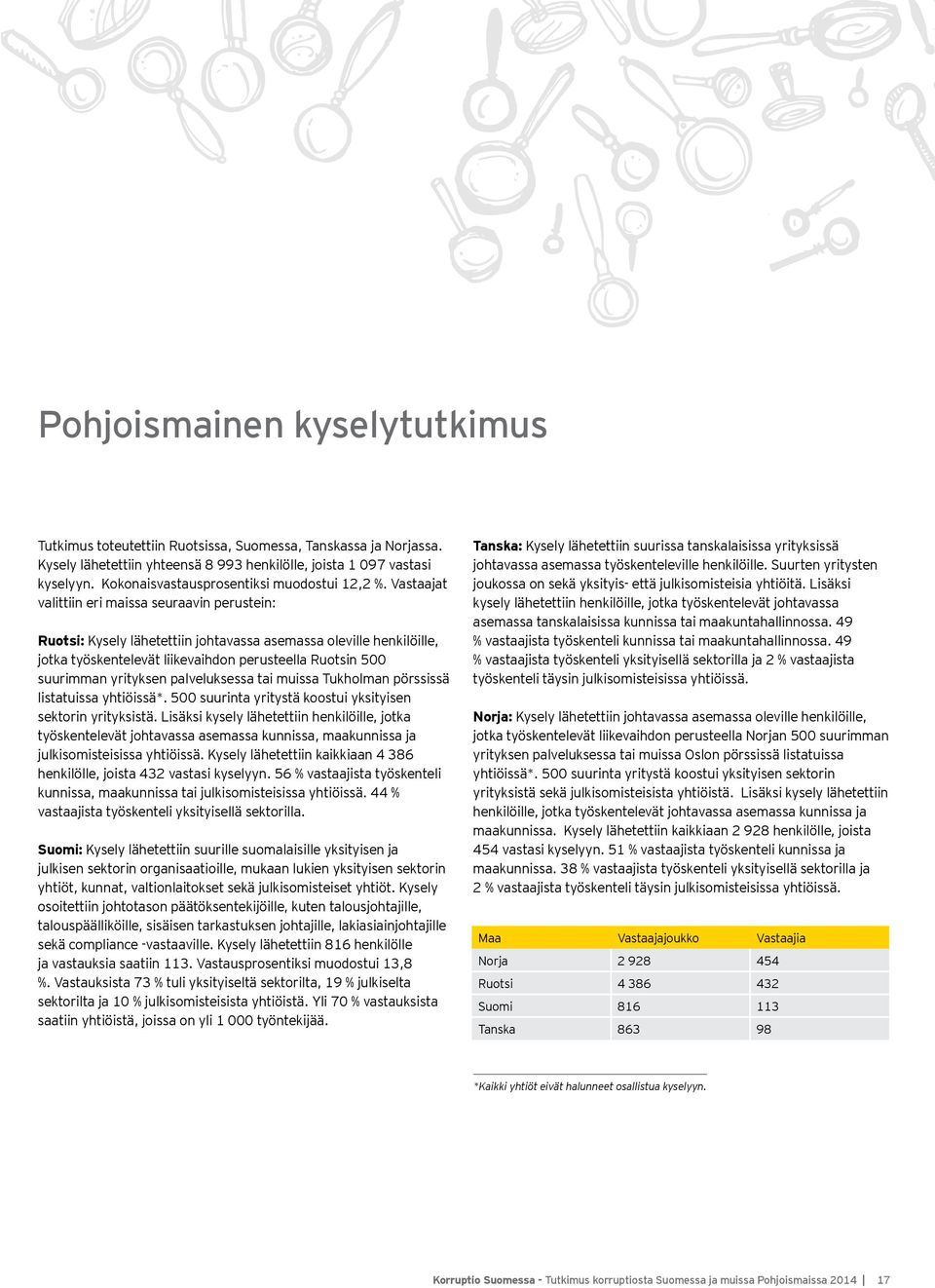 Vastaajat valittiin eri maissa seuraavin perustein: Ruotsi: Kysely lähetettiin johtavassa asemassa oleville henkilöille, jotka työskentelevät liikevaihdon perusteella Ruotsin 500 suurimman yrityksen