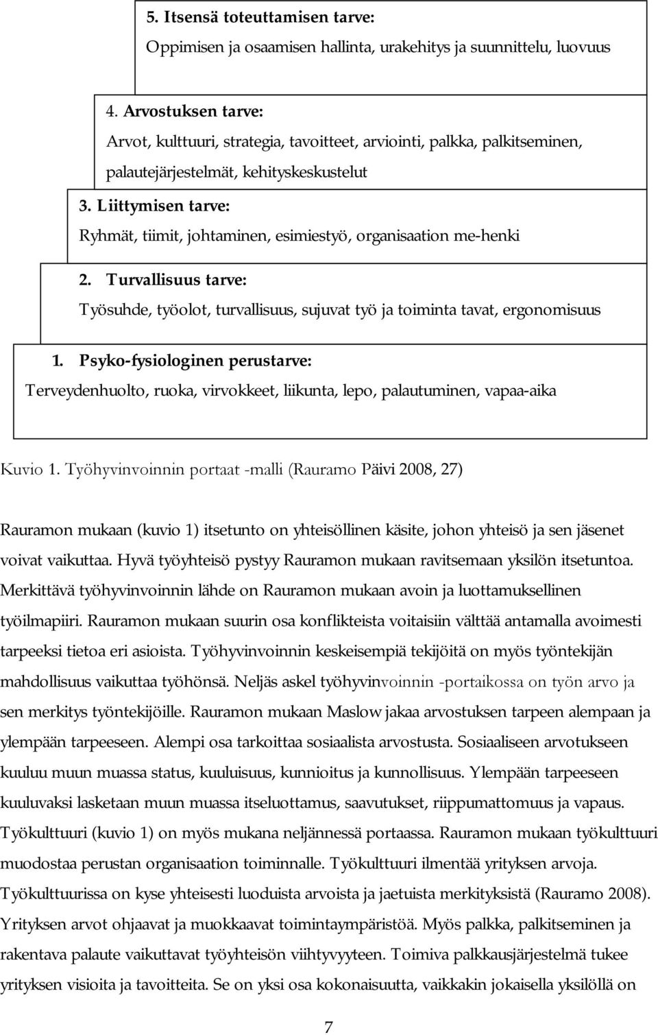 Liittymisen tarve: Ryhmät, tiimit, johtaminen, esimiestyö, organisaation me-henki 2. Turvallisuus tarve: Työsuhde, työolot, turvallisuus, sujuvat työ ja toiminta tavat, ergonomisuus 1.