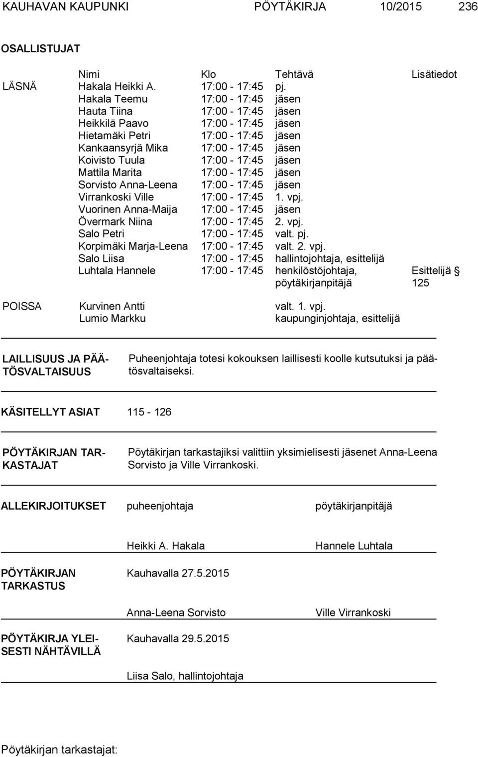 Mattila Marita 17:00-17:45 jäsen Sorvisto Anna-Leena 17:00-17:45 jäsen Virrankoski Ville 17:00-17:45 1. vpj. Vuorinen Anna-Maija 17:00-17:45 jäsen Övermark Niina 17:00-17:45 2. vpj. Salo Petri 17:00-17:45 valt.