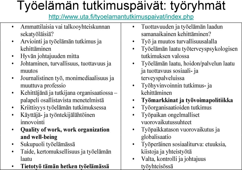 tutkijana organisaatiossa palapeli osallistavista menetelmistä Kriittisyys työelämän tutkimuksessa Käyttäjä- ja työntekijälähtöinen innovointi Quality of work, work organization and well-being bi