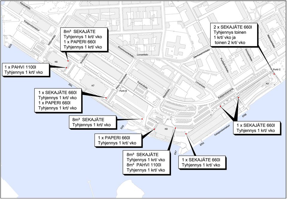 x PAHV 1100l EKL 1 x SEKAJ TE 660l 1 x PAPER 660l K7 Pikku Satamakatu Portti B Kanavakatu Mastokatu Linnankatu Katajanokanranta