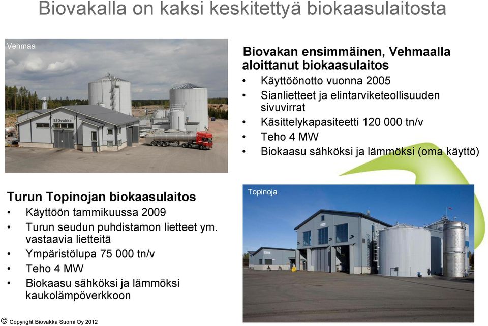 lämmöksi (oma käyttö) Turun Topinojan biokaasulaitos Käyttöön tammikuussa 2009 Turun seudun puhdistamon lietteet ym.