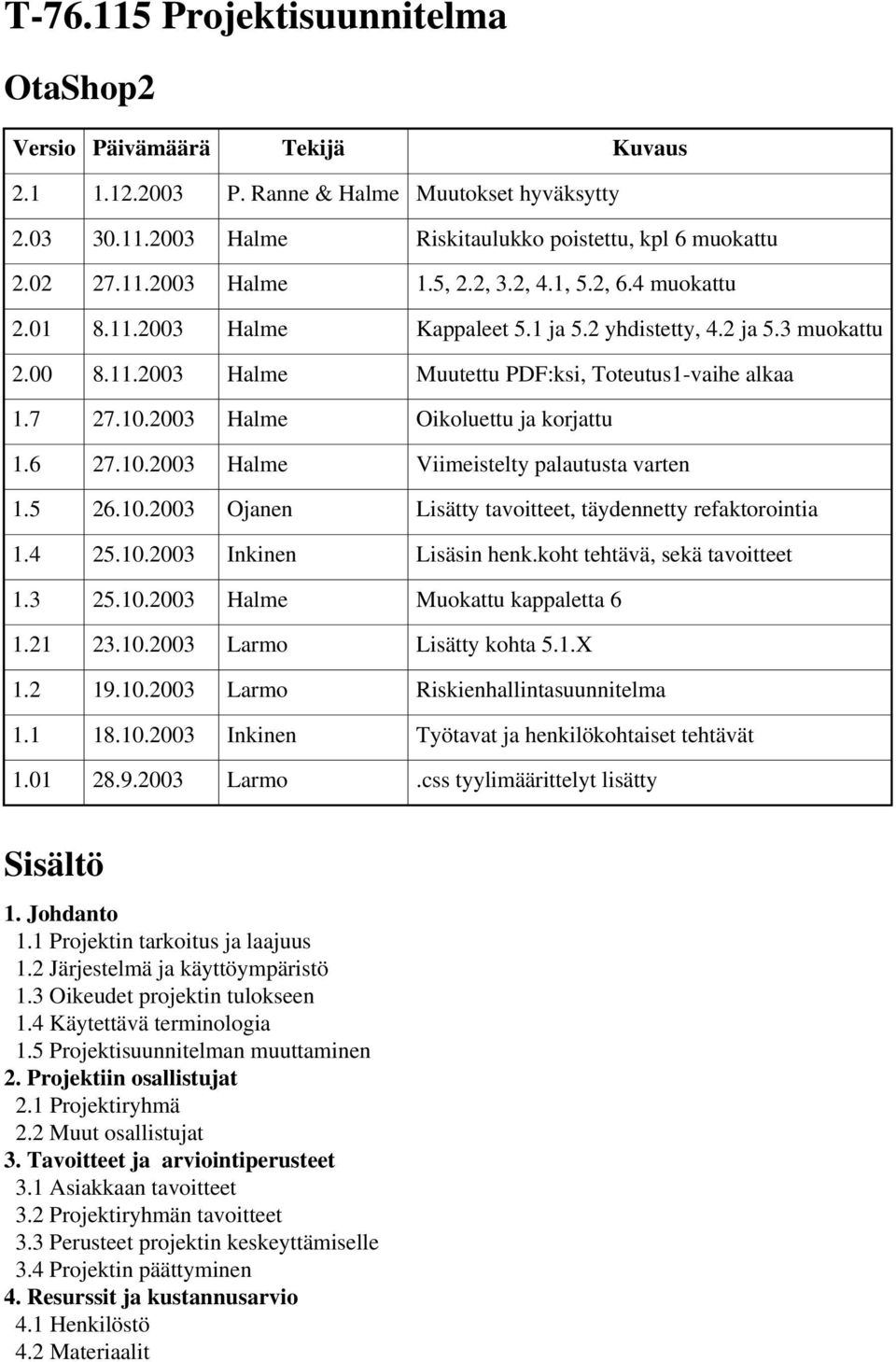 2003 Halme Oikoluettu ja korjattu 1.6 27.10.2003 Halme Viimeistelty palautusta varten 1.5 26.10.2003 Ojanen Lisätty tavoitteet, täydennetty refaktorointia 1.4 25.10.2003 Inkinen Lisäsin henk.