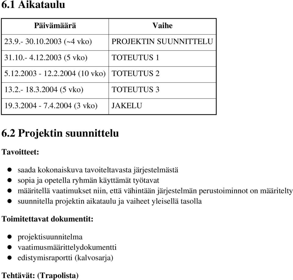 2 Projektin suunnittelu Tavoitteet: saada kokonaiskuva tavoiteltavasta järjestelmästä sopia ja opetella ryhmän käyttämät työtavat määritellä vaatimukset niin,