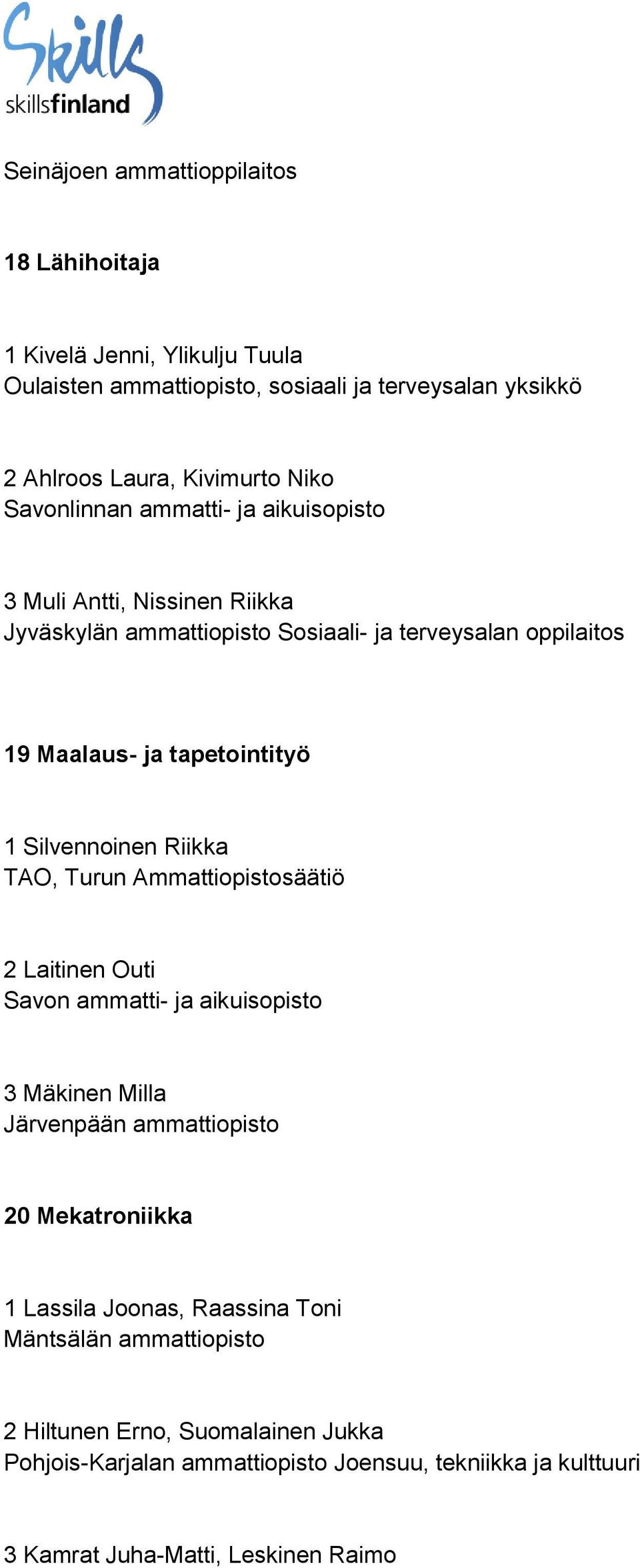 Silvennoinen Riikka TAO, Turun Ammattiopistosäätiö 2 Laitinen Outi Savon ammatti- ja aikuisopisto 3 Mäkinen Milla Järvenpään ammattiopisto 20 Mekatroniikka 1 Lassila