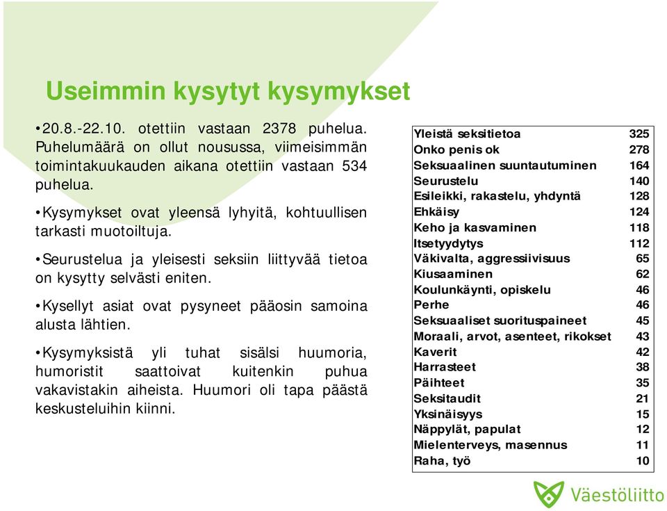 Kysellyt asiat ovat pysyneet pääosin samoina alusta lähtien. Kysymyksistä yli tuhat sisälsi huumoria, humoristit saattoivat kuitenkin puhua vakavistakin aiheista.