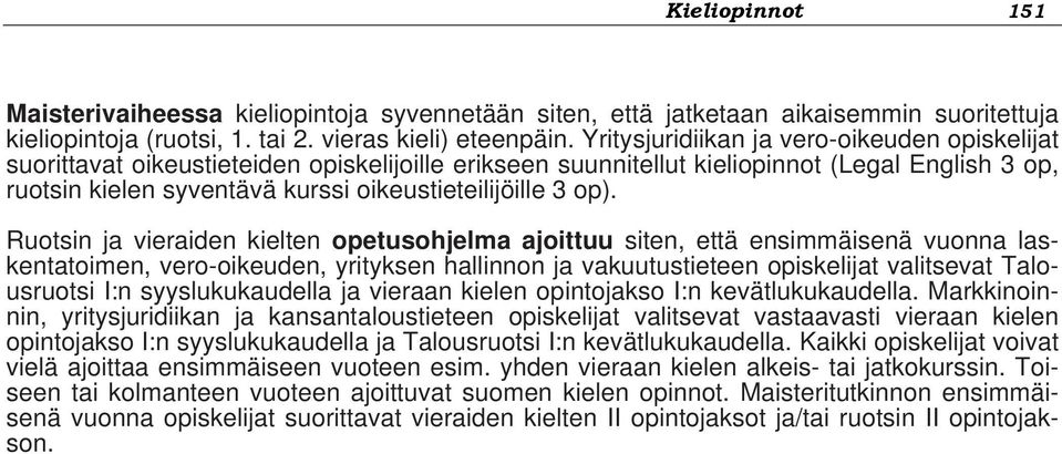 op). Ruotsin ja vieraiden kielten opetusohjelma ajoittuu siten, että ensimmäisenä vuonna laskentatoimen, vero-oikeuden, yrityksen hallinnon ja vakuutustieteen opiskelijat valitsevat Talousruotsi I:n