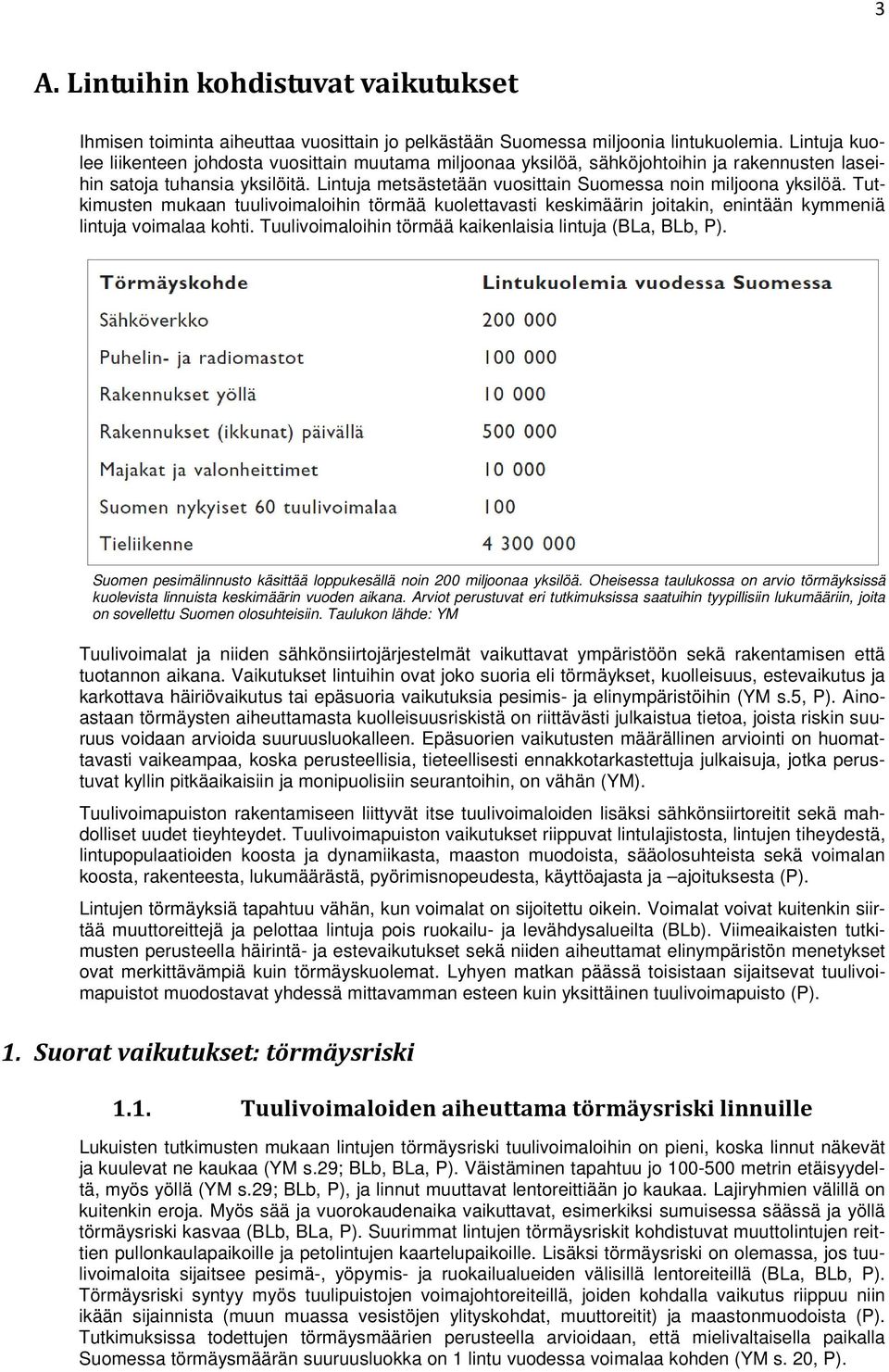 Lintuja metsästetään vuosittain Suomessa noin miljoona yksilöä. Tutkimusten mukaan tuulivoimaloihin törmää kuolettavasti keskimäärin joitakin, enintään kymmeniä lintuja voimalaa kohti.