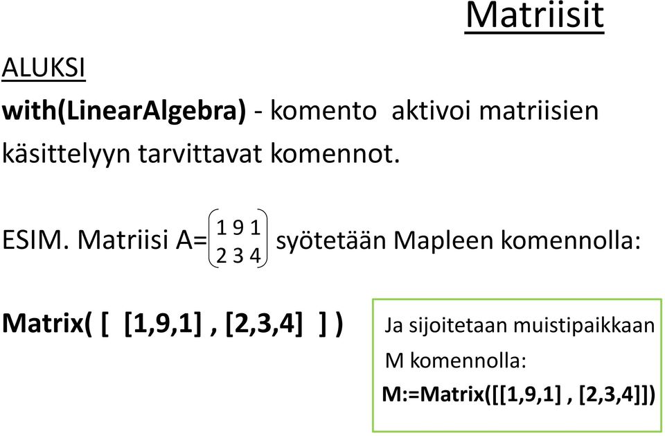 Matriisi A= 1 9 1 2 3 4 syötetään Mapleen komennolla: Matrix( [