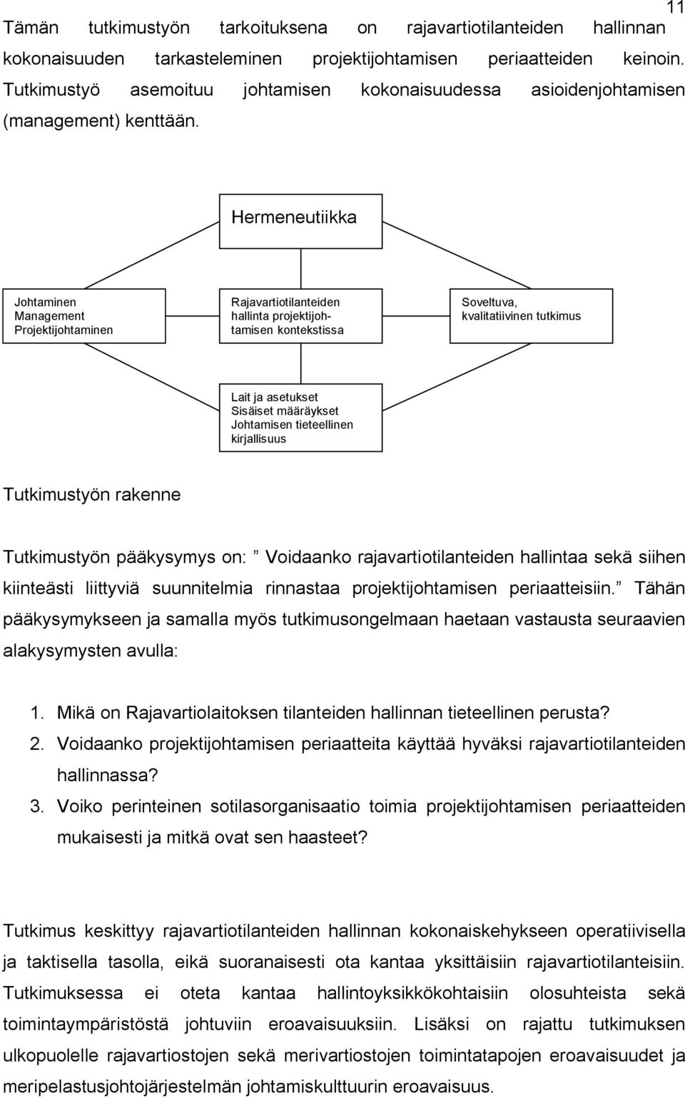 Hermeneutiikka Johtaminen Management Projektijohtaminen Rajavartiotilanteiden hallinta projektijohtamisen kontekstissa Soveltuva, kvalitatiivinen tutkimus Lait ja asetukset Sisäiset määräykset