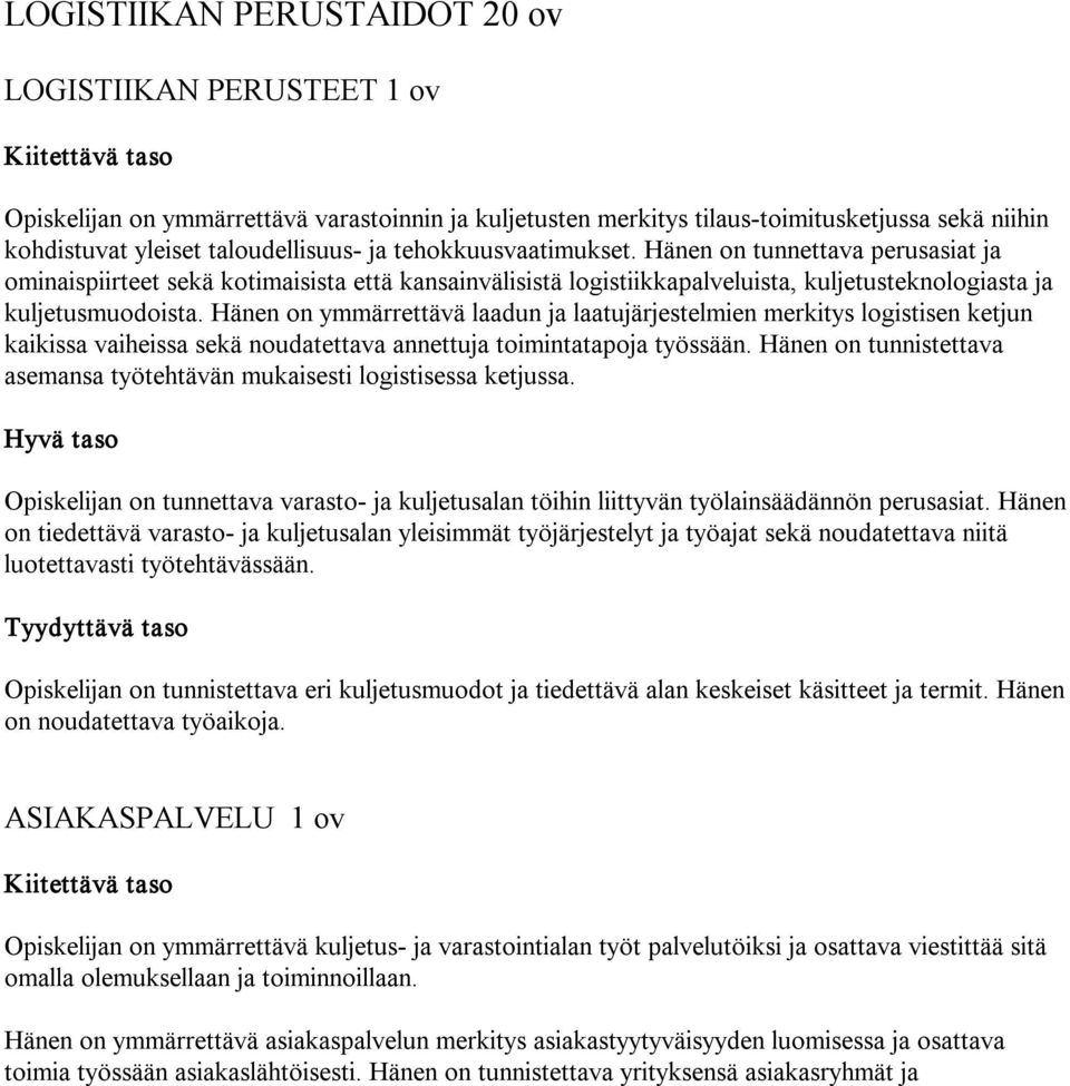 Hänen on ymmärrettävä laadun ja laatujärjestelmien merkitys logistisen ketjun kaikissa vaiheissa sekä noudatettava annettuja toimintatapoja työssään.