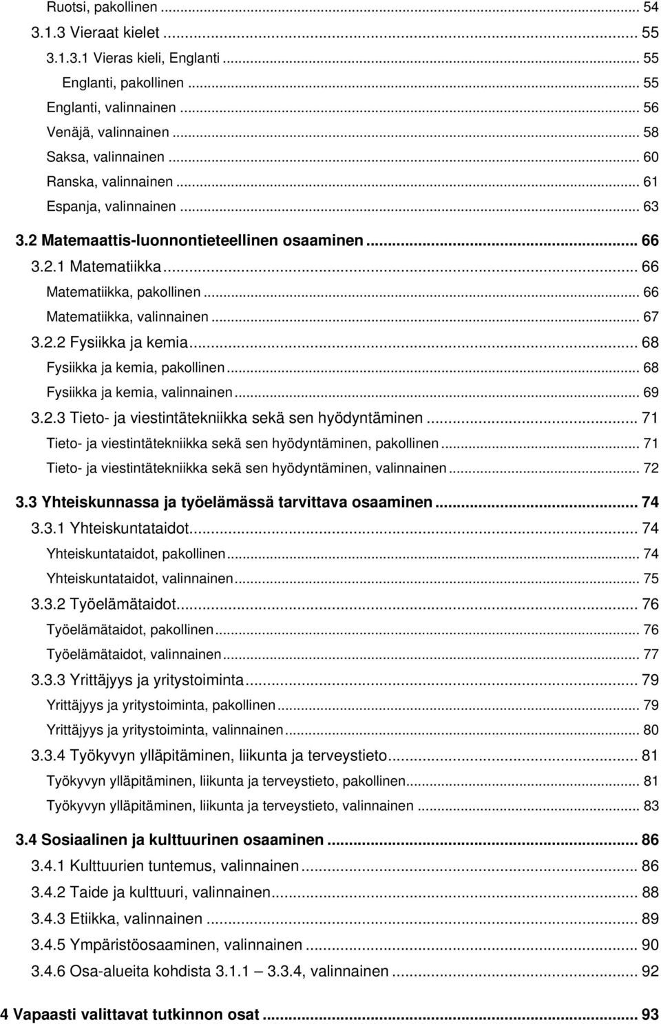 2.2 Fysiikka ja kemia... 68 Fysiikka ja kemia, pakollinen... 68 Fysiikka ja kemia, valinnainen... 69 3.2.3 Tieto- ja viestintätekniikka sekä sen hyödyntäminen.