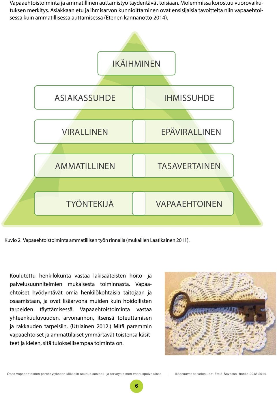 IKÄIHMINEN ASIAKASSUHDE IHMISSUHDE VIRALLINEN EPÄVIRALLINEN AMMATILLINEN TASAVERTAINEN TYÖNTEKIJÄ VAPAAEHTOINEN Kuvio 2. Vapaaehtoistoiminta ammatillisen työn rinnalla (mukaillen Laatikainen 2011).