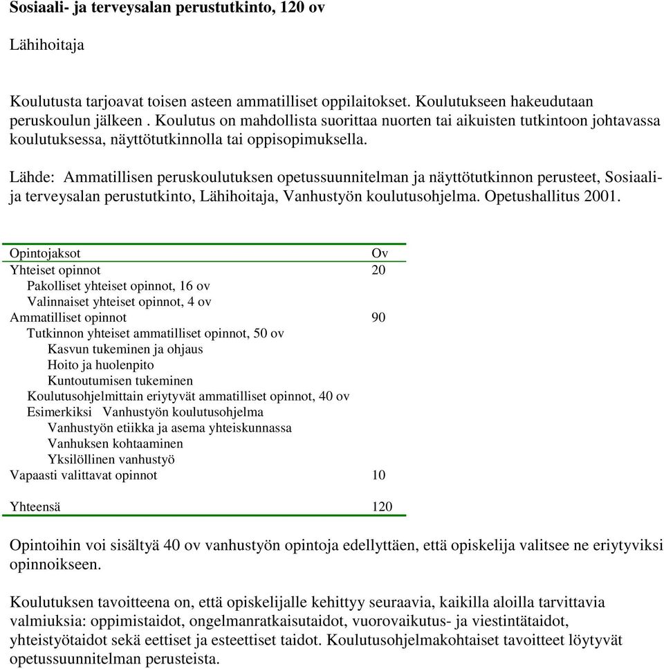 Lähde: Ammatillisen peruskoulutuksen opetussuunnitelman ja näyttötutkinnon perusteet, Sosiaalija terveysalan perustutkinto, Lähihoitaja, Vanhustyön koulutusohjelma. Opetushallitus 2001.