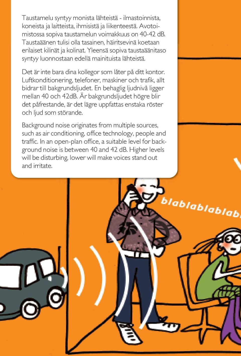 Det är inte bara dina kollegor som låter på ditt kontor. Luftkonditionering, telefoner, maskiner och trafik, allt bidrar till bakgrundsljudet. En behaglig ljudnivå ligger mellan 40 och 42dB.