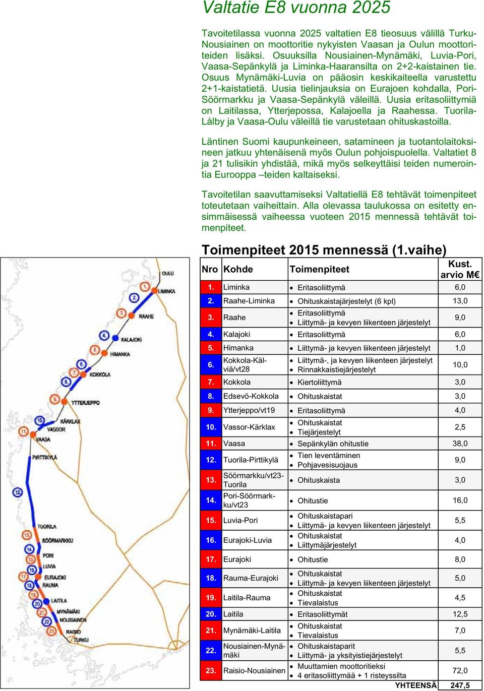 Uusia tielinjauksia on Eurajoen kohdalla, Pori- Söörmarkku ja Vaasa-Sepänkylä väleillä. Uusia eritasoliittymiä on Laitilassa, Ytterjepossa, Kalajoella ja Raahessa.