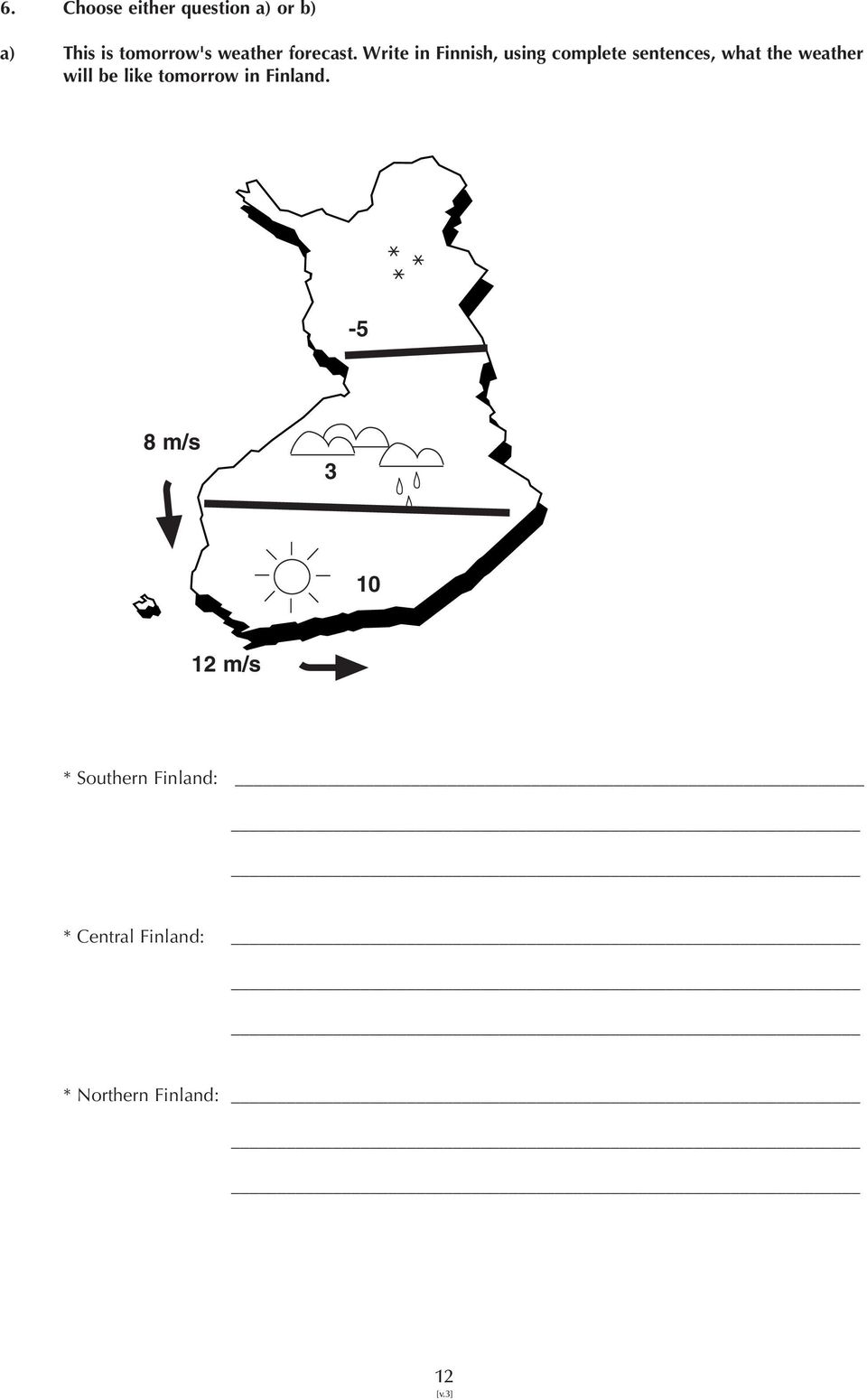 Write in Finnish, using complete sentences, what the weather