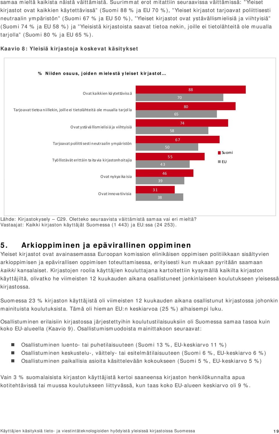 Yleiset kirjastot ovat ystävällismielisiä ja viihtyisiä ( 74 % ja EU 58 %) ja Yleisistä kirjastoista saavat tietoa nekin, joille ei tietolähteitä ole muualla tarjolla ( 80 % ja EU 65 %).