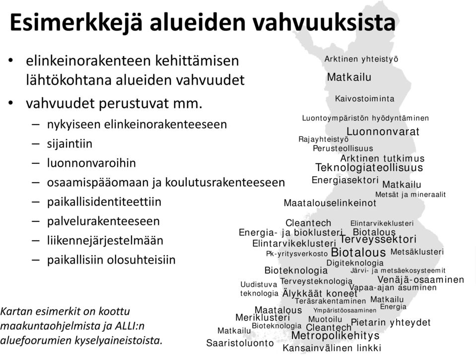 esimerkit on koottu maakuntaohjelmista ja ALLI:n aluefoorumien kyselyaineistoista.