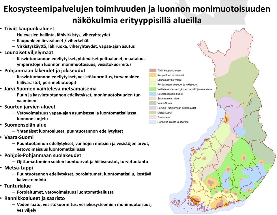 vesistökuormitus Pohjanmaan lakeudet ja jokiseudut Kasvintuotannon edellytykset, vesistökuormitus, turvemaiden hiilivarastot, perinnebiotoopit Järvi Suomen vaihteleva metsämaisema Puun ja