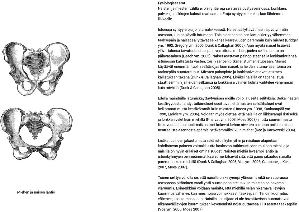 Toisin sanoen naisen lantio kiertyy vähemmän taaksepäin ja naiset säilyttävät selkänsä kaarevuuden paremmin kuin miehet (Bridger ym. 1992, Gregory ym. 2005, Dunk & Callaghan 2005).