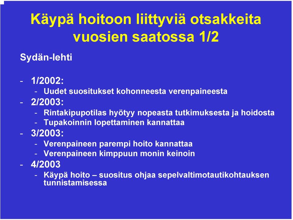 Tupakoinnin lopettaminen kannattaa - 3/2003: - Verenpaineen parempi hoito kannattaa - Verenpaineen