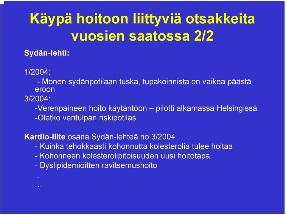 -Oletko veritulpan riskipotilas Kardio-liite osana Sydän-lehteä no 3/2004 - Kuinka tehokkaasti kohonnutta