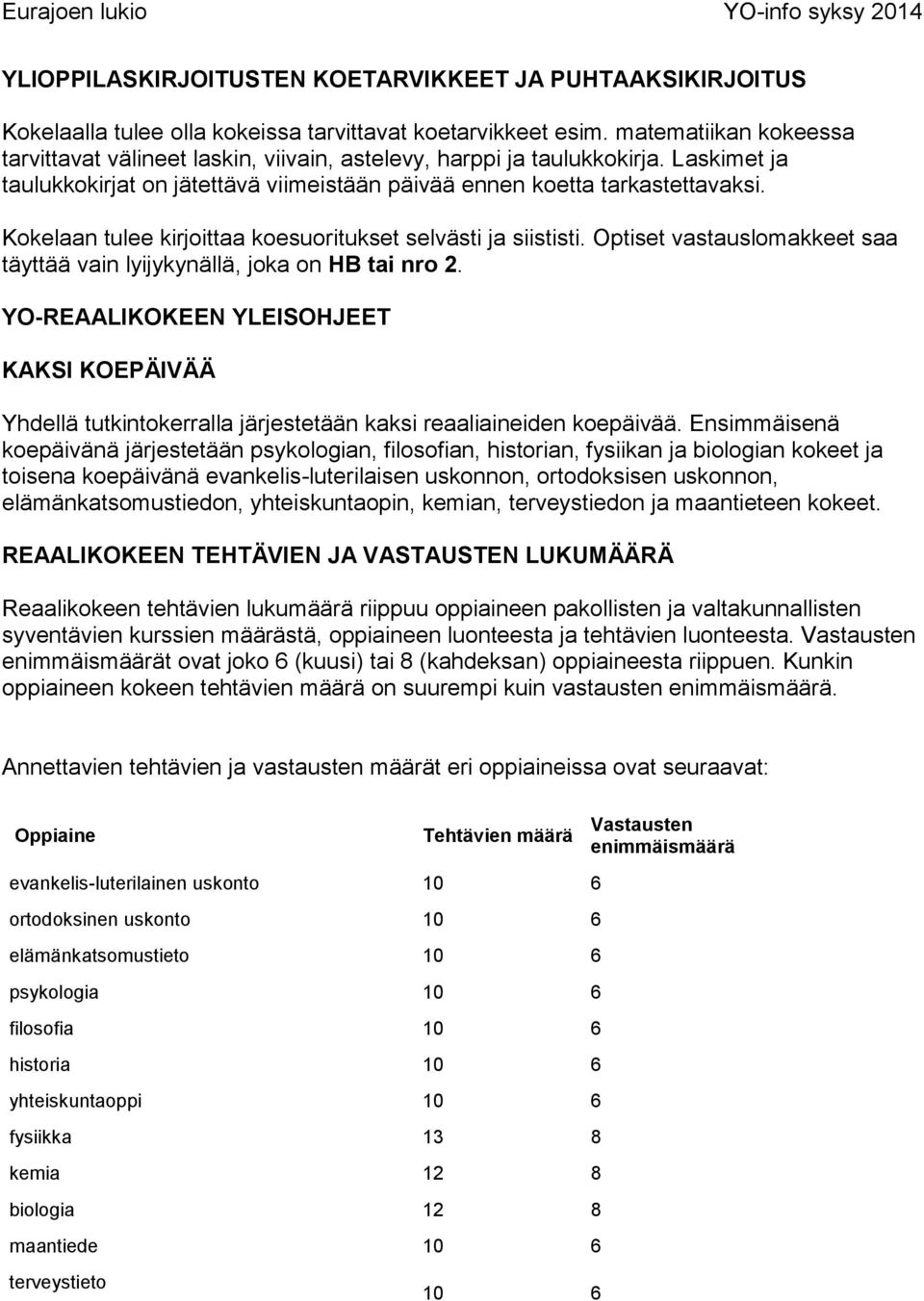 Kokelaan tulee kirjoittaa koesuoritukset selvästi ja siististi. Optiset vastauslomakkeet saa täyttää vain lyijykynällä, joka on HB tai nro 2.