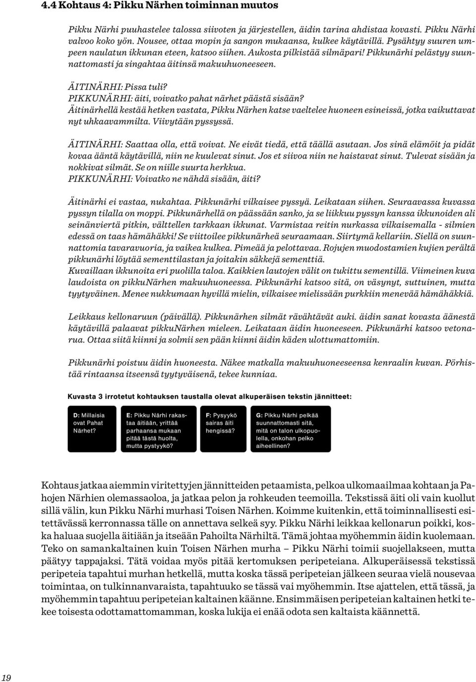 Pikkunärhi pelästyy suunnattomasti ja singahtaa äitinsä makuuhuoneeseen. ÄITINÄRHI: Pissa tuli? PIKKUNÄRHI: äiti, voivatko pahat närhet päästä sisään?