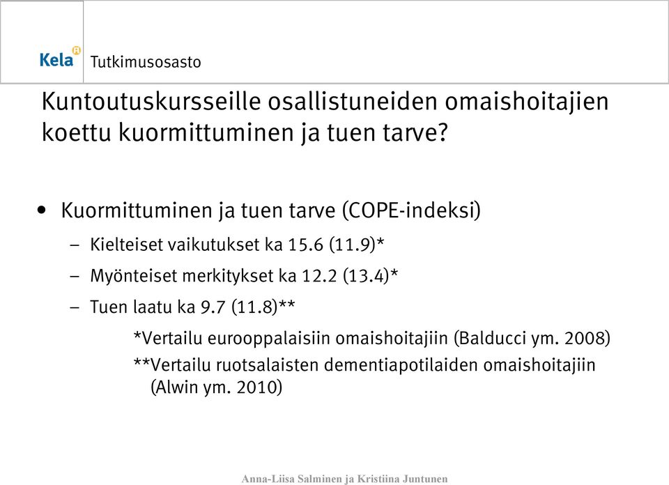 9)* Myönteiset merkitykset ka 12.2 (13.4)* Tuen laatu ka 9.7 (11.