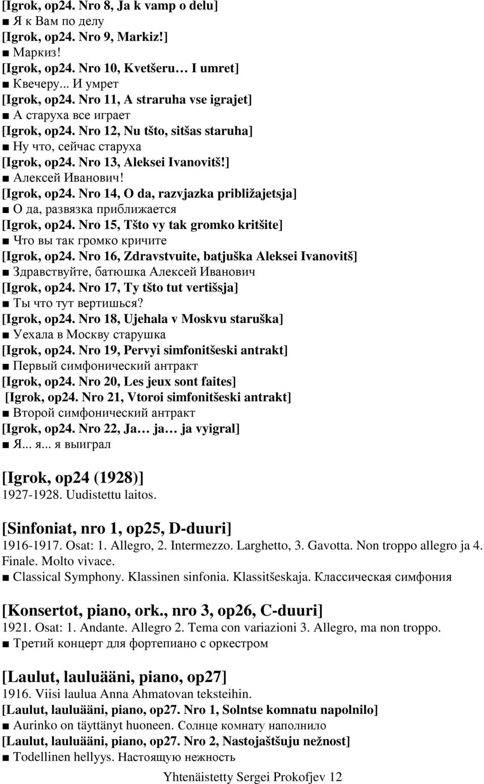 Nro 15, Tšto vy tak gromko kritšite] Что вы так громко кричите [Igrok, op24. Nro 16, Zdravstvuite, batjuška Aleksei Ivanovitš] Здравствуйте, батюшка Алексей Иванович [Igrok, op24.