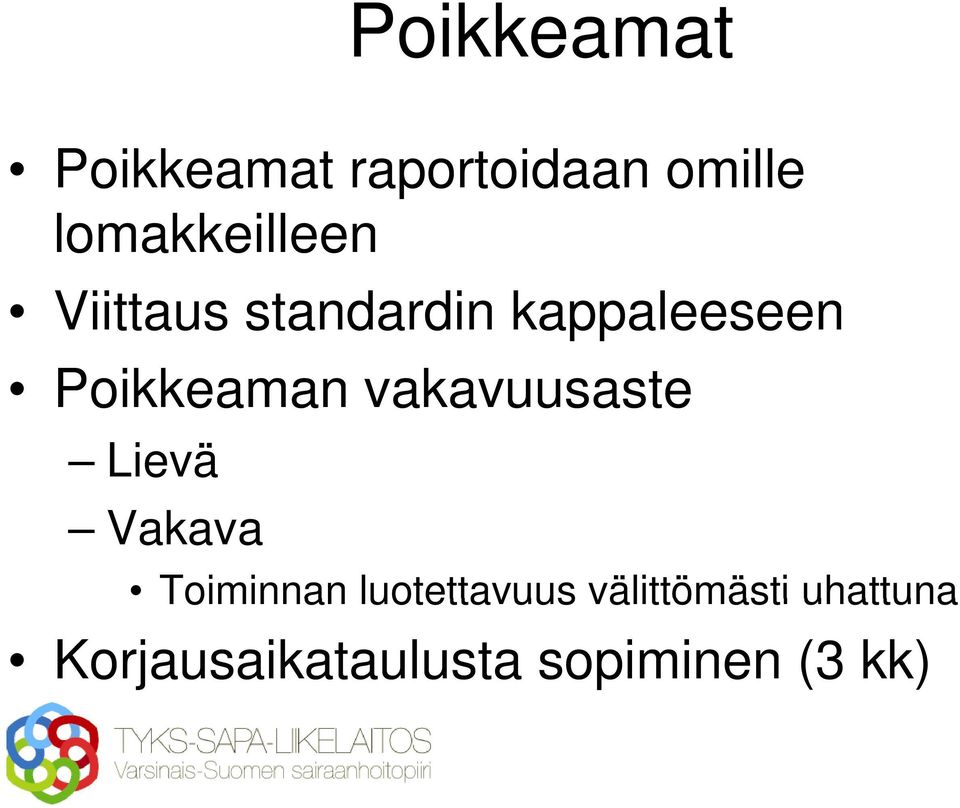 Poikkeaman vakavuusaste Lievä Vakava Toiminnan