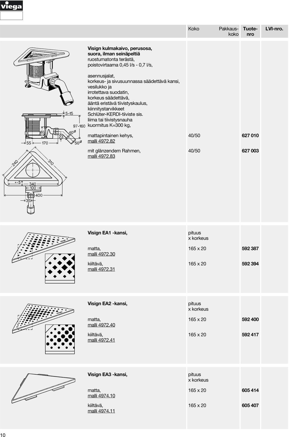 liima tai tiivistysnauha kuormitus K=300 kg, mattapintainen kehys, malli 4972.82 mit glänzendem Rahmen, malli 4972.83 40/50 627 010 40/50 627 003 Visign EA1 -kansi, malli 4972.