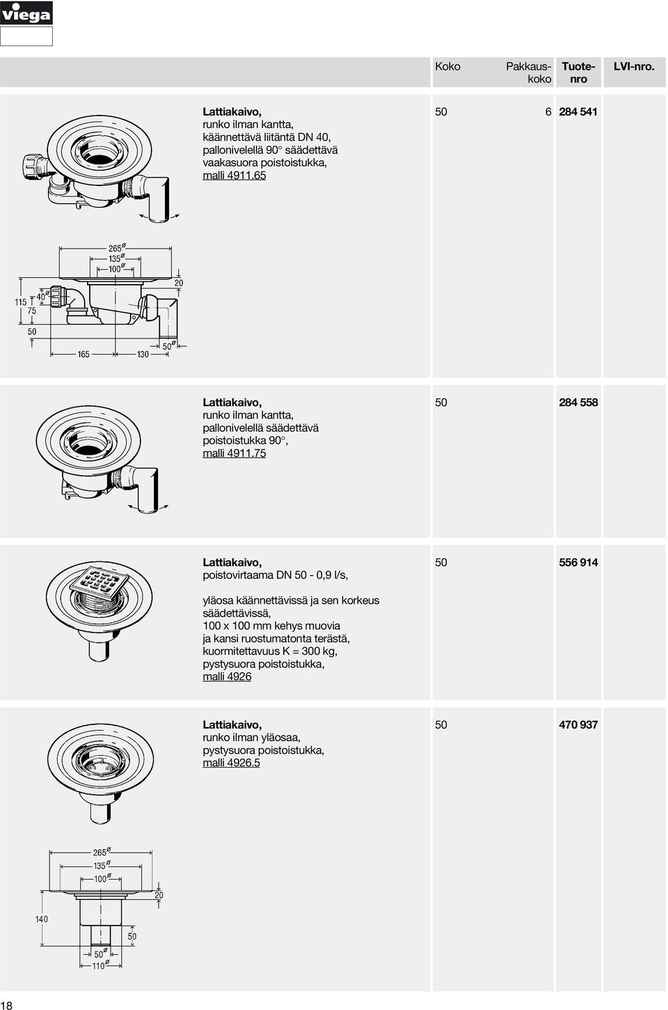 75 50 284 558 poistovirtaama DN 50-0,9 l/s, 50 556 914 yläosa käännettävissä ja sen korkeus säädettävissä, 100 x 100 mm kehys