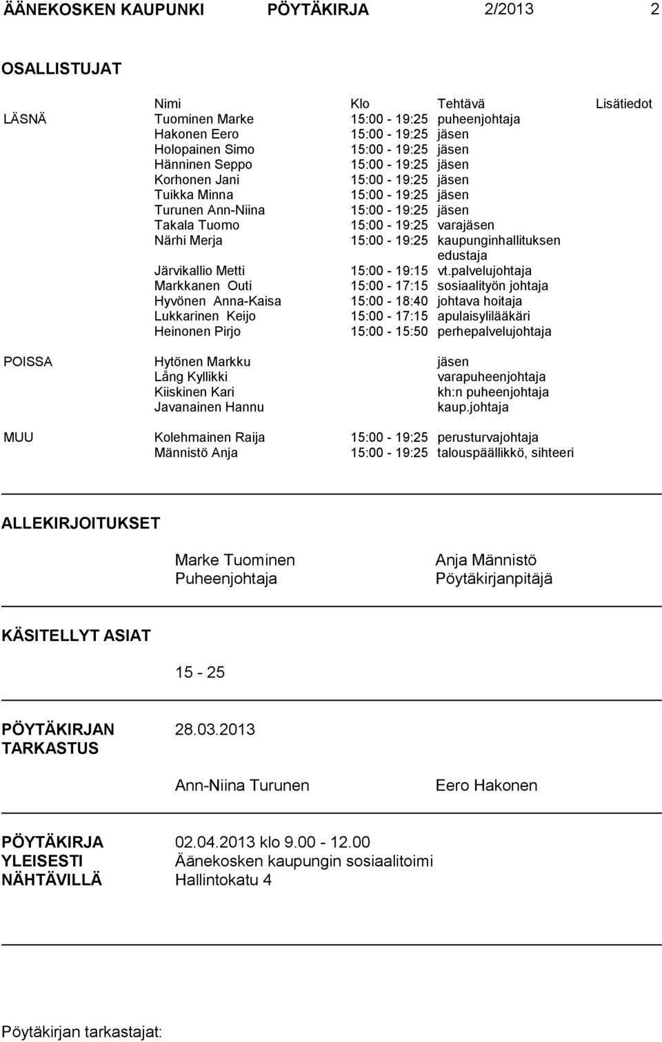 kaupunginhallituksen edustaja Järvikallio Metti 15:00-19:15 vt.