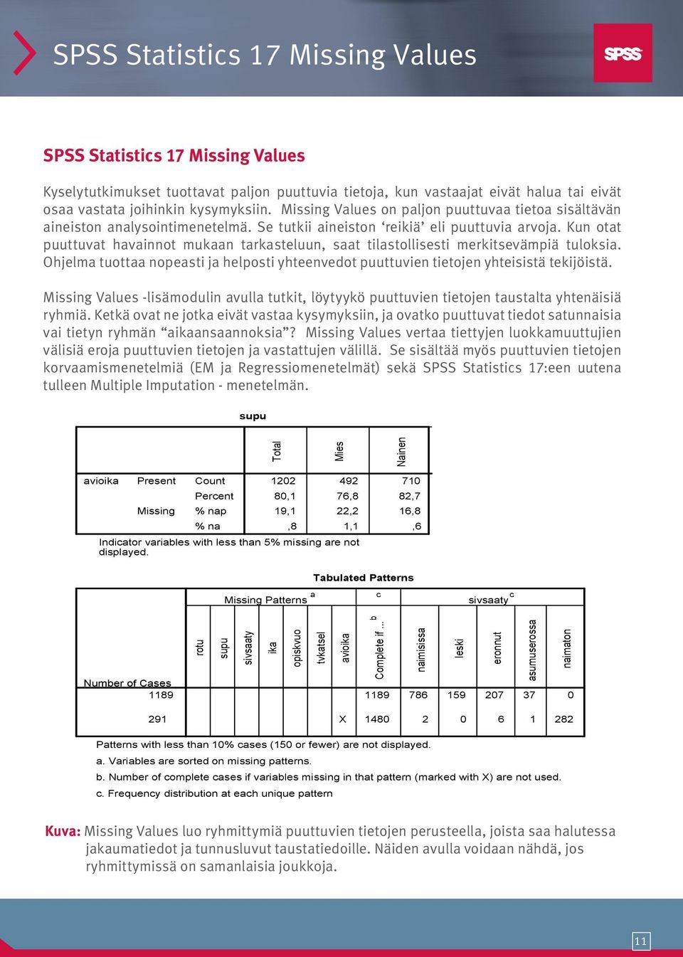 Kun otat puuttuvat havainnot mukaan tarkasteluun, saat tilastollisesti merkitsevämpiä tuloksia. Ohjelma tuottaa nopeasti ja helposti yhteenvedot puuttuvien tietojen yhteisistä tekijöistä.