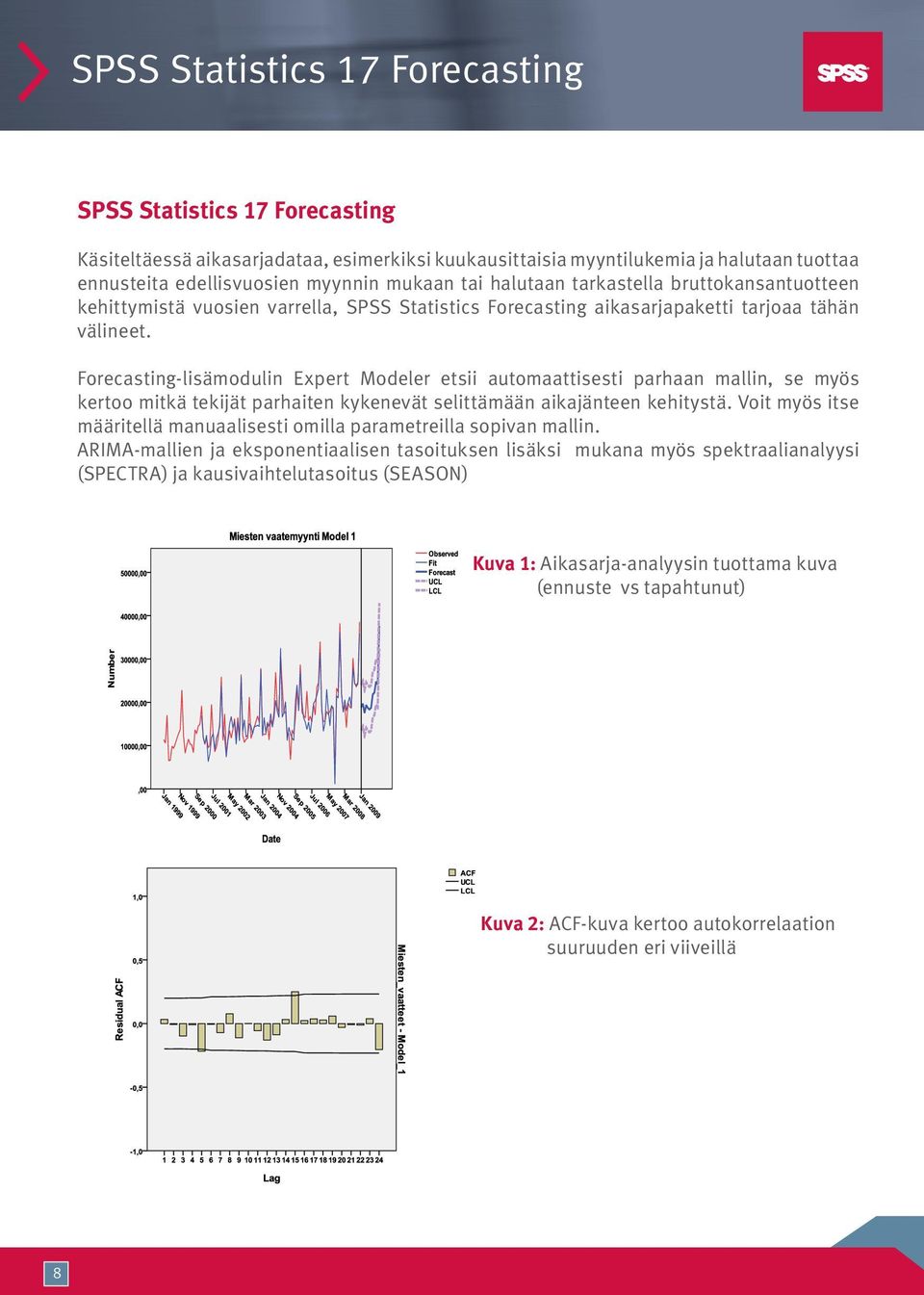 Forecasting-lisämodulin Expert Modeler etsii automaattisesti parhaan mallin, se myös kertoo mitkä tekijät parhaiten kykenevät selittämään aikajänteen kehitystä.